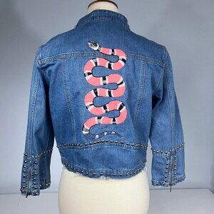 Fernanda Farah Snake Patch Denim Crop Moto Jacket Embroidered Studded Medium